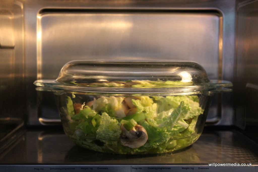 mushroom cabbage spring onion in microwave dish